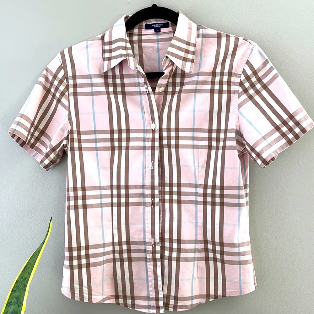 Burberry pink plaid shirt sleeve button down shirt